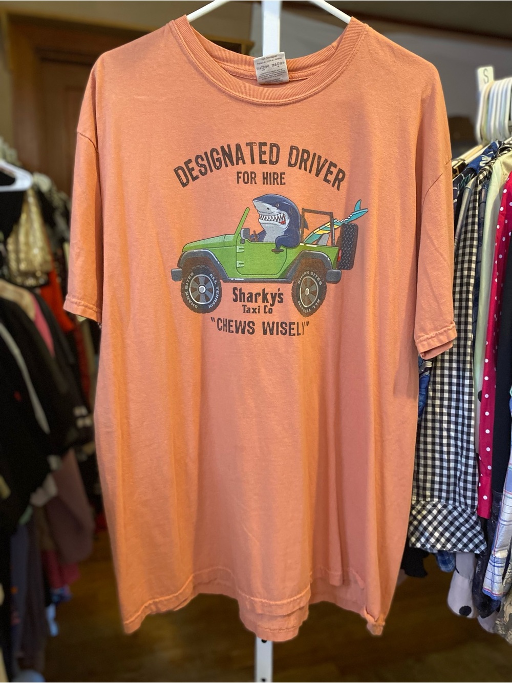 Comfort Colors Coral Tee with Green Jeep Shark Graphic